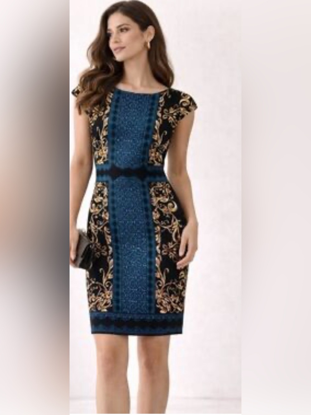 Maggie London, women’s size 10 Baroque print sheath dress with cap sleeves
